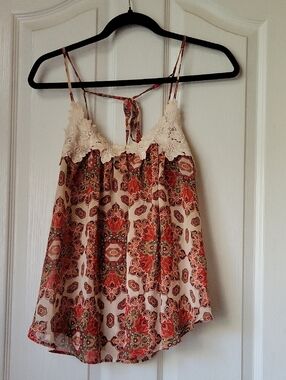 Taylor & Sage Cream and Rust Printed Lace-Trim Camisole